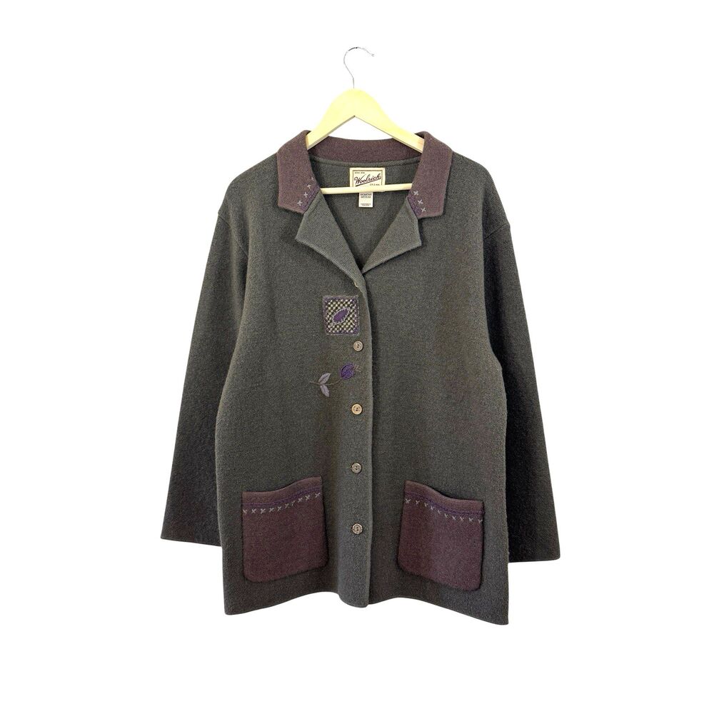 Woolrich Medium Wool Sweater Cardigan Tunic Oversized Embroidered Womens READ